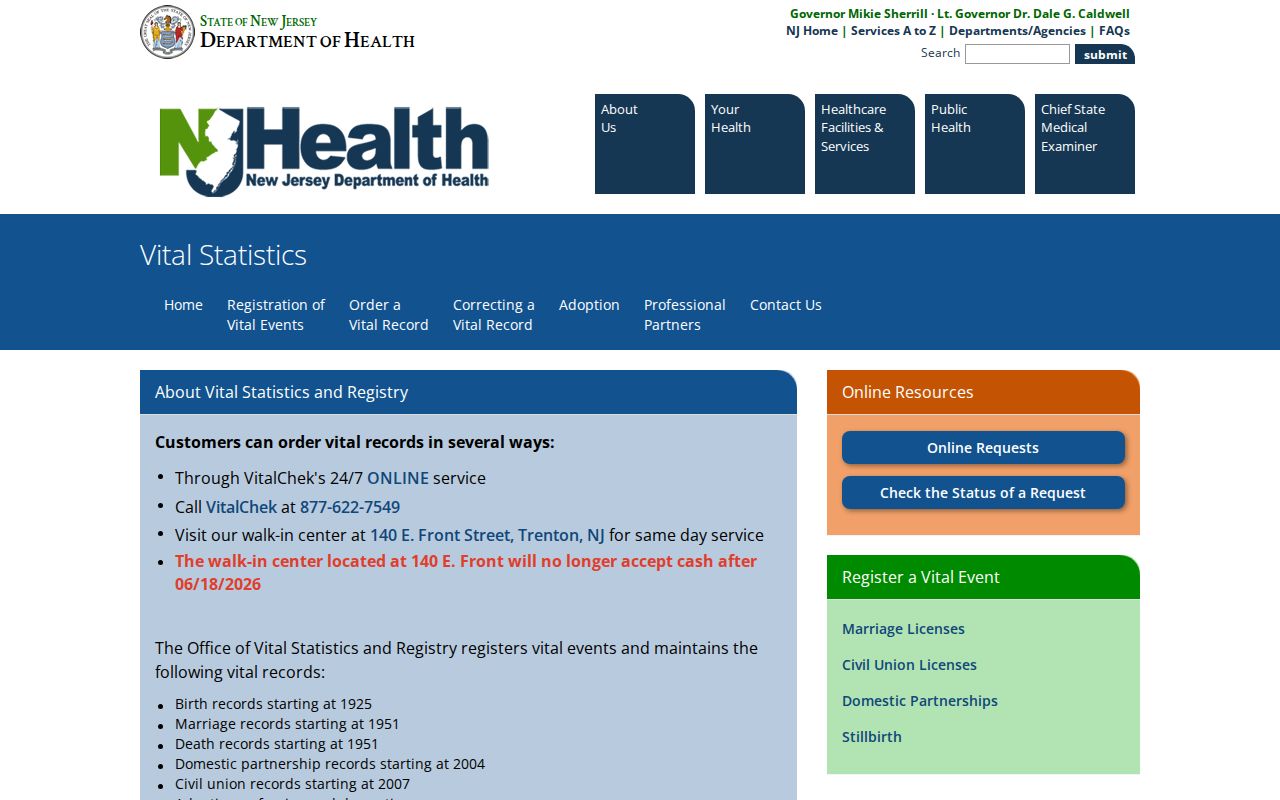 New Jersey Vital Statistics records hub showing official vital-record access information