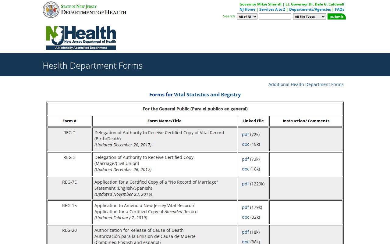 Somerset County resident lookup NJDOH vital statistics form catalog