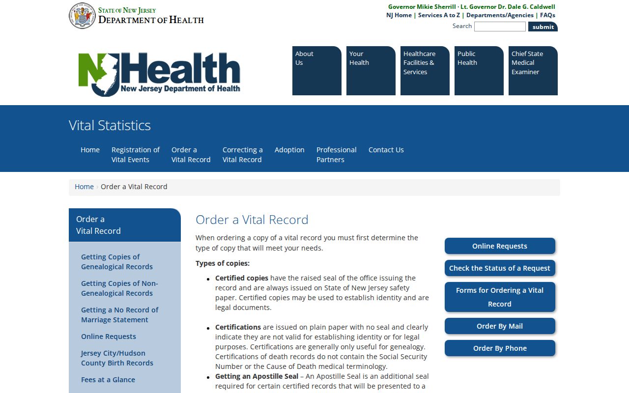 Somerset County resident lookup New Jersey vital record ordering page